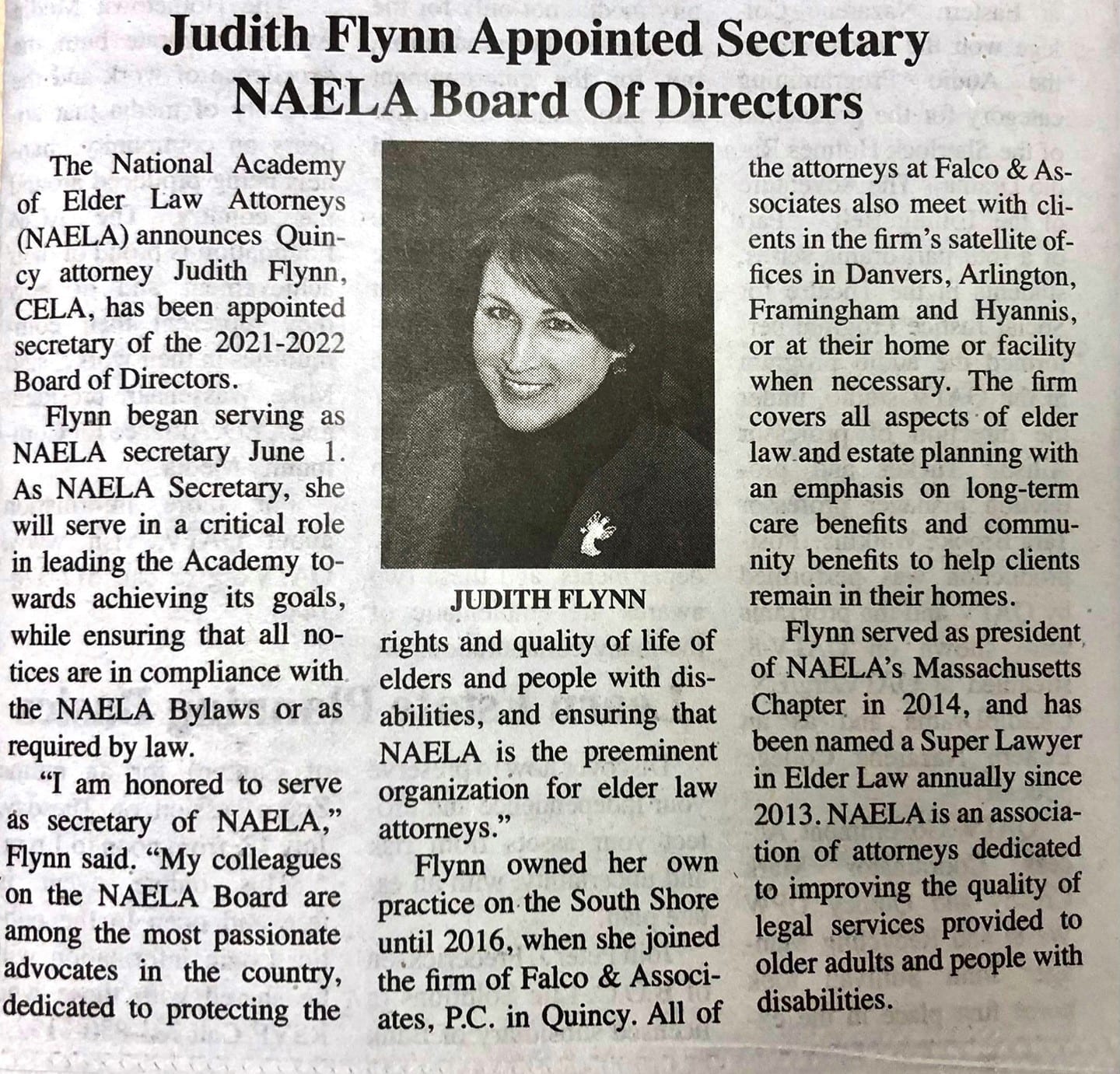 Our very own Judy Flynn was named Secretary of NAELA Board Of Directors National Association of Elder Law Attorneys Congratulations Judy